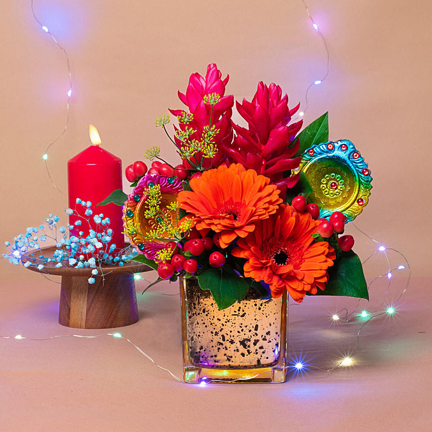 Charming Flowers Vase N Diyas Diwali Combo: Send Diwali Gifts To Singapore