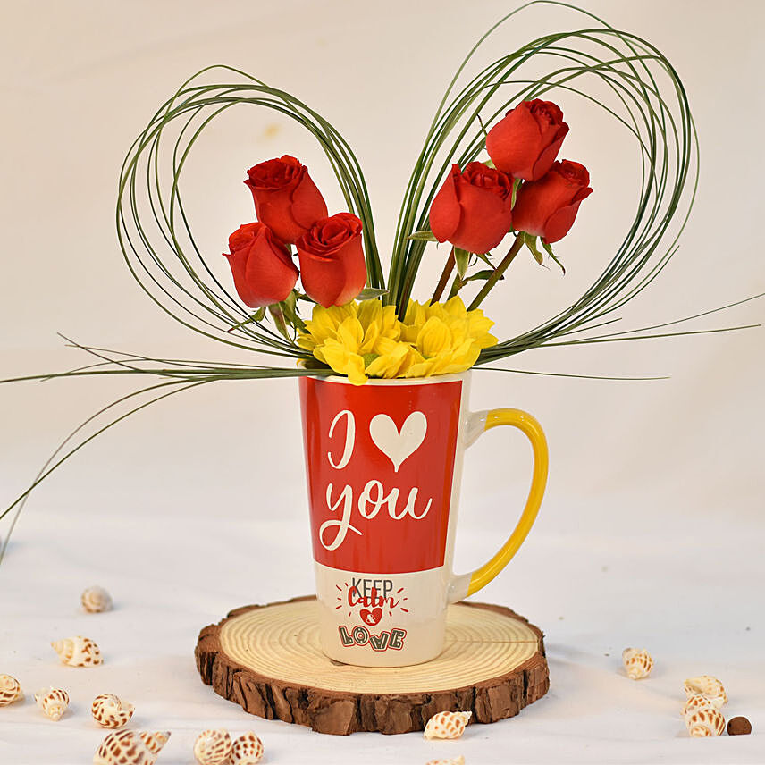 Vday Flowers Arrangement in Coffee Mug: هدايا عيد الحب سنغافورة
