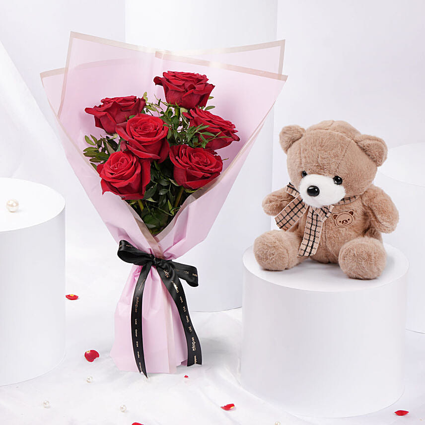 Valentines 6 Roses and Teddy Combo: Flower Delivery Singapore