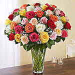 Bunch Of 50 Assorted Roses In a Glass Vase