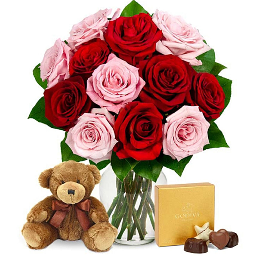 One Dozen Valentine Red & Pink Roses With And A Bear: Flower Delivery in USA