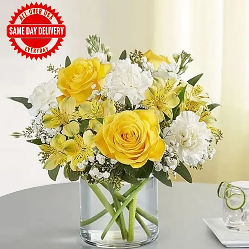 Yellow & White Bouquet: Send Gift To USA