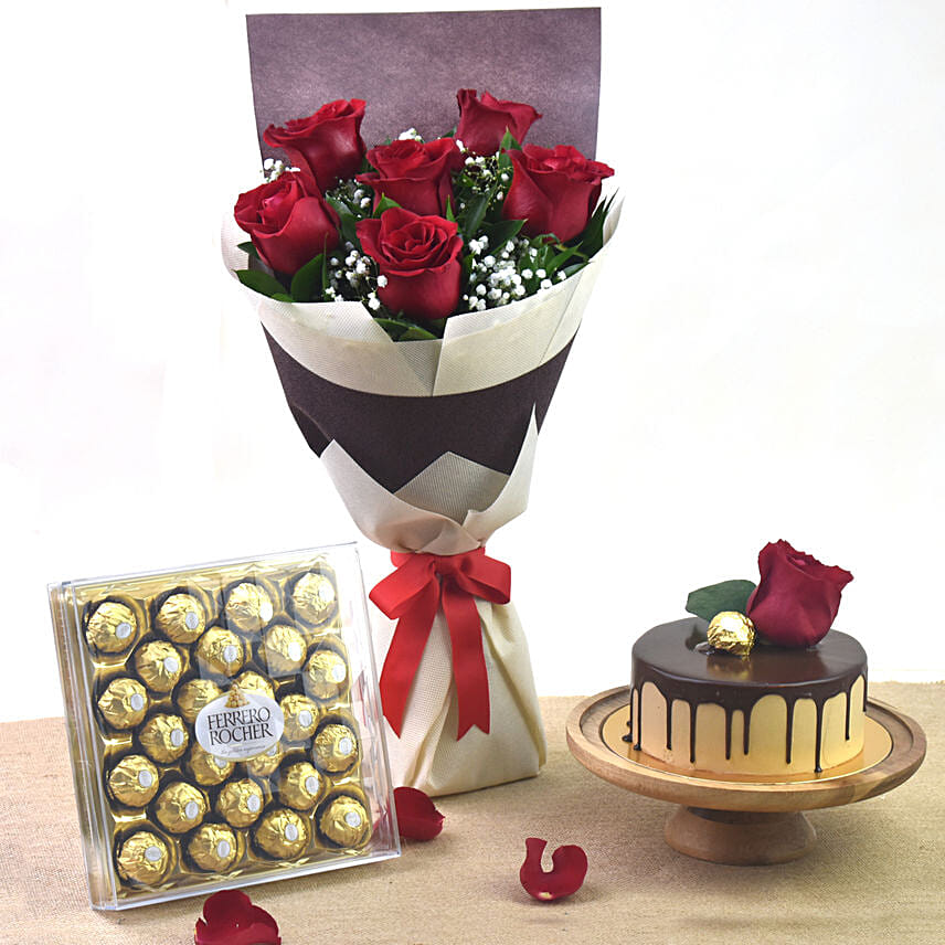 Half Kg Cake With 24 Pcs Ferrero And 6 Roses Bouquet