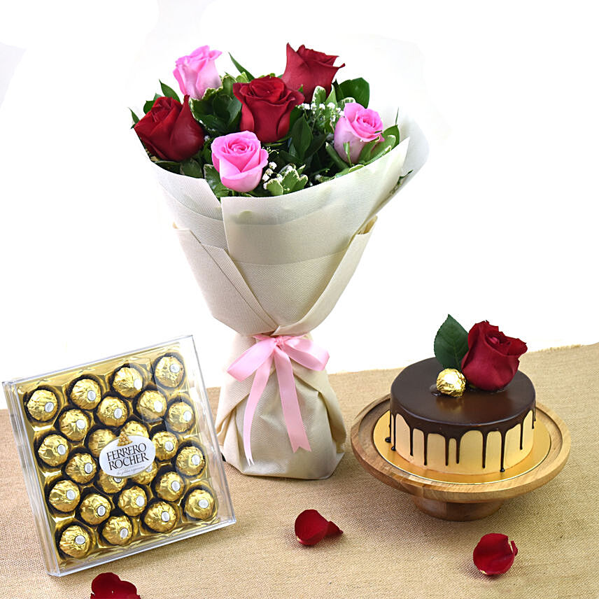 Half Kg Cake With 24 Pcs Ferrero and Flowers