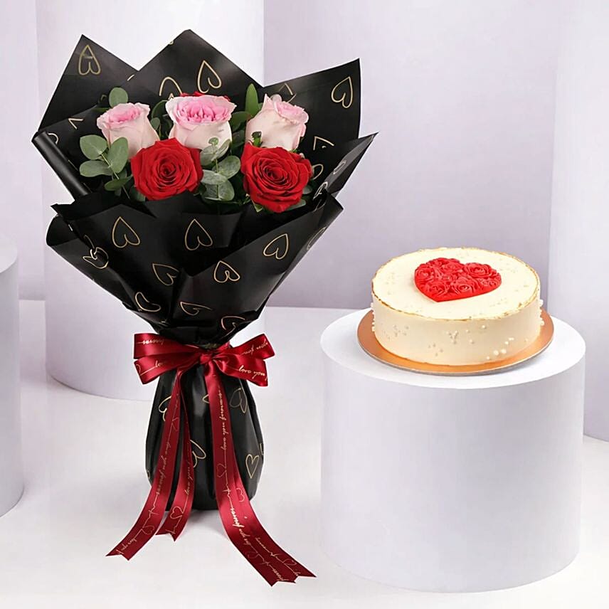 Blushing Roses Bouquet and Heart Cake Combo