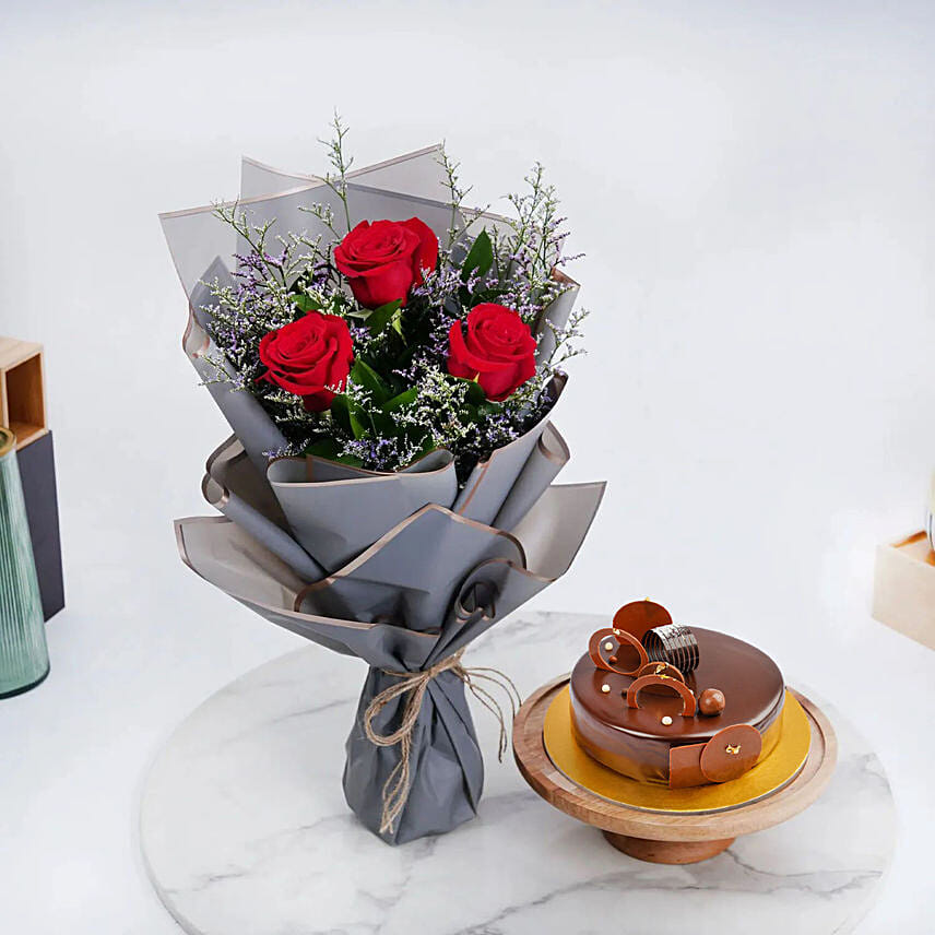 Chocolate Cake with Bunch of 3 Red Roses