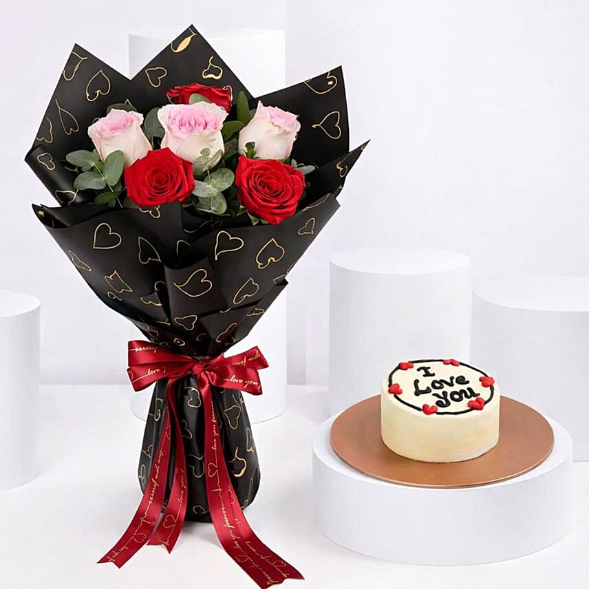 Crimson Rose Bouquet and Heart Cake Combo