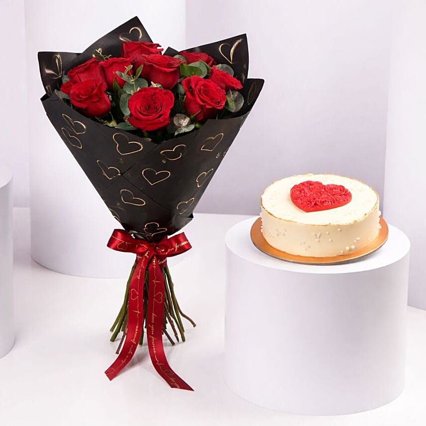 Elegant Red Rose And Red Velvet Cake