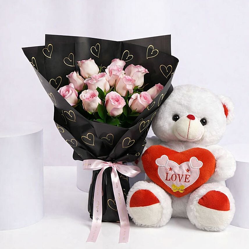 Love and Cuddles Teddy Bear with 12 Pink Roses