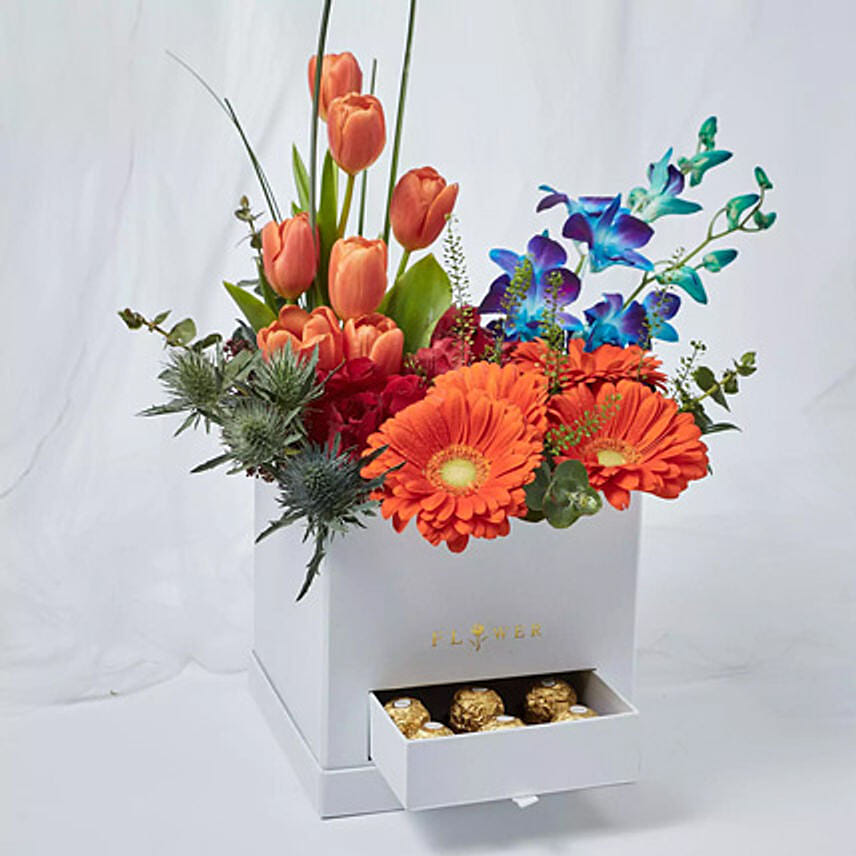 Premium Mixed Flowers Box Arrangement With Ferrero Rocher