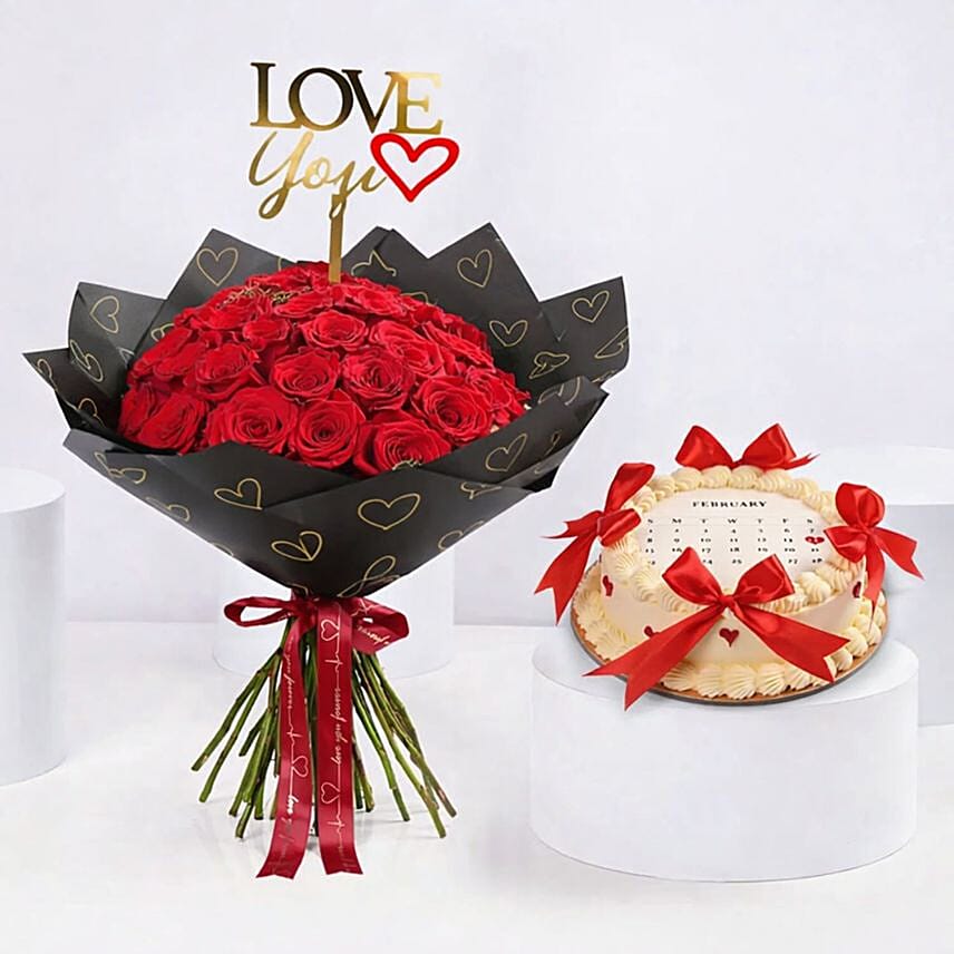 Red Roses And Valentine Calendar Cake