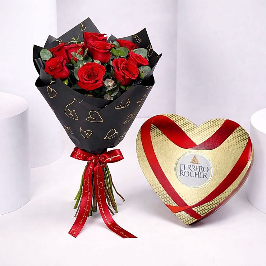Sweet Love 9 Red Roses and Ferrero Rocher Chocolate Heart