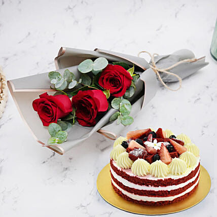 Red Velvet Cake and Bunch of 3 Red Roses: 