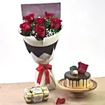 Half Kg Cake With 6 Roses Bouquet And 16 Pcs Ferrero