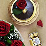 Half Kg Cake With 6 Roses Bouquet And 16 Pcs Ferrero