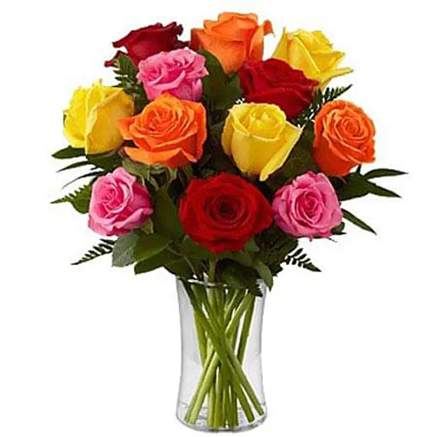 Dozen Mix Roses in a Glass