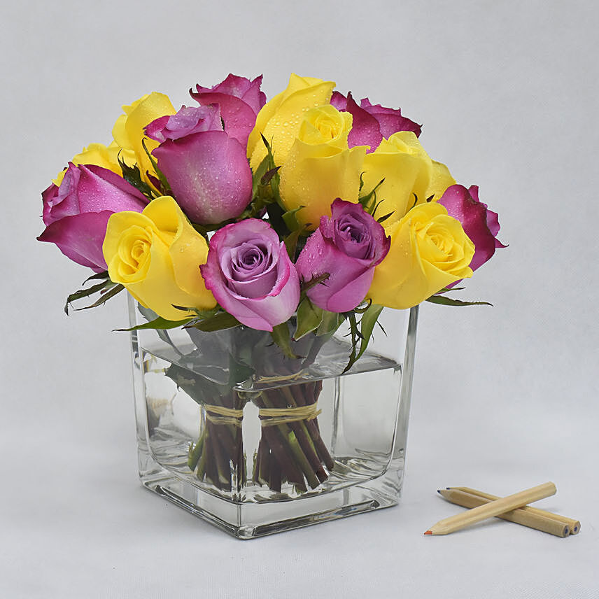 Yellow N Purple Roses In Vase