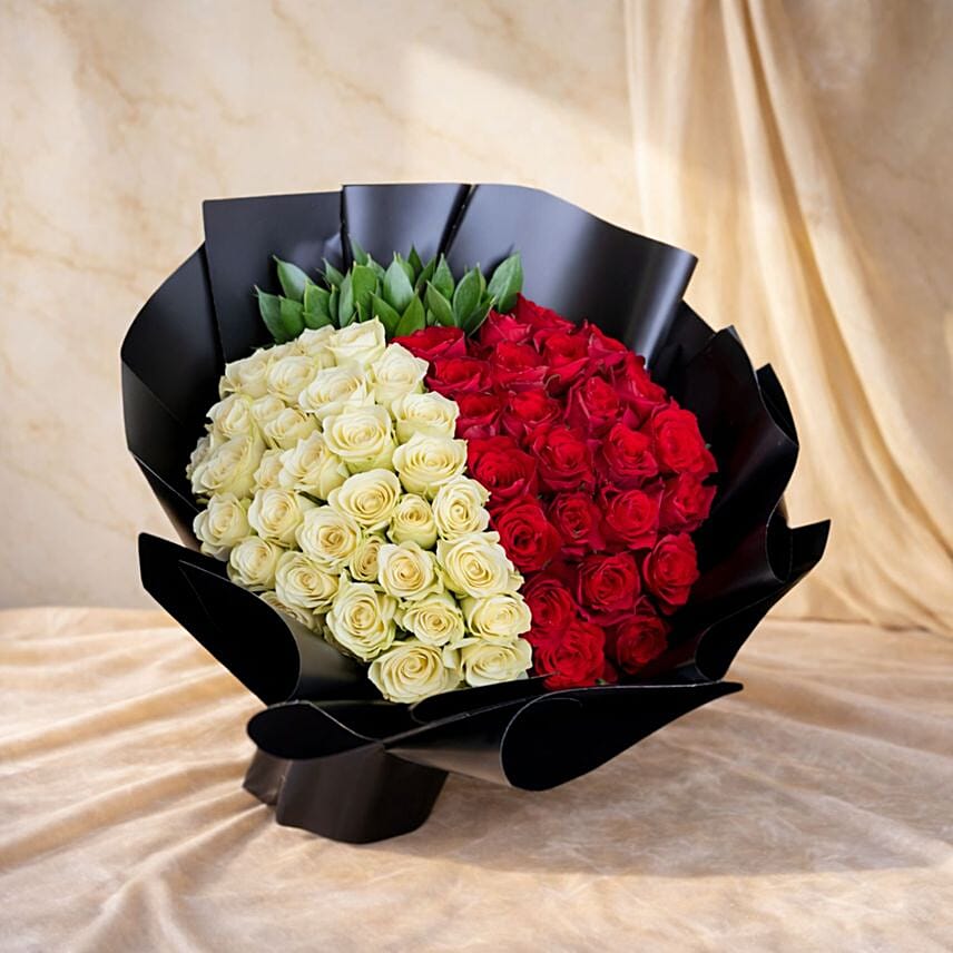 50 Red and White Roses Luxury Bouquet
