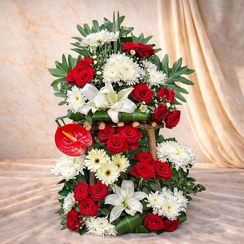 Elegant Red Roses White Chrysanthemum and Lily Floral Stand