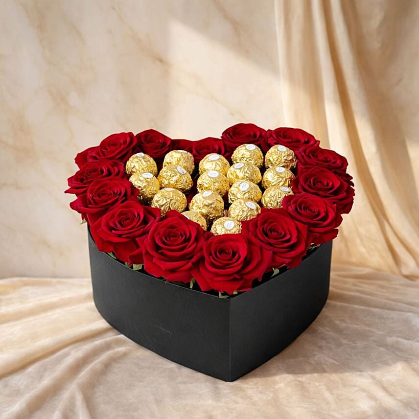 Heart Shape Red Roses and Ferrero Rocher Chocolate Box