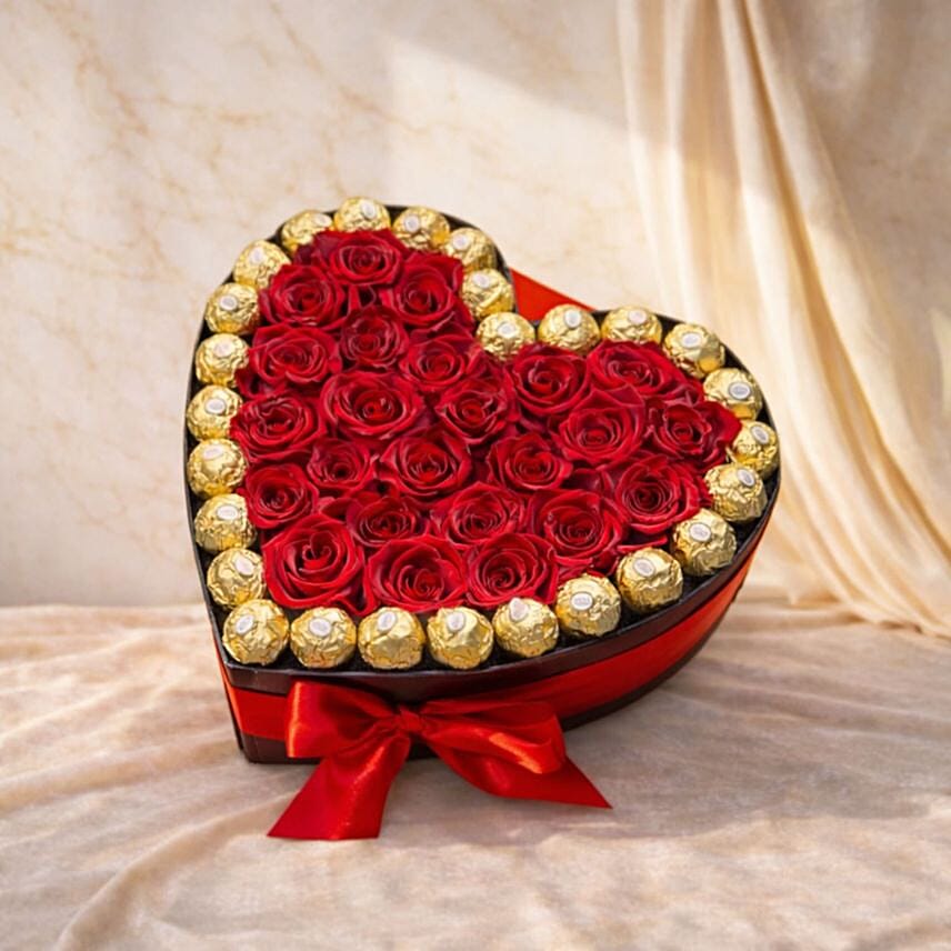Heart Shape Red Roses and Ferrero Rocher Luxury Box