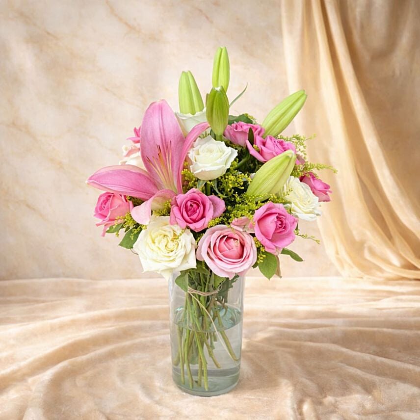 Pink and White Roses with Pink Lily Glass Vase Arrangement