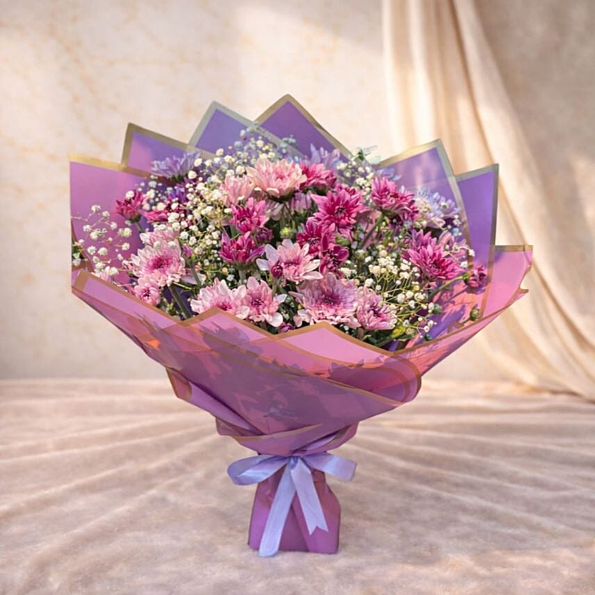 Pink Chrysanthemum and Babys Breath Elegant Bouquet