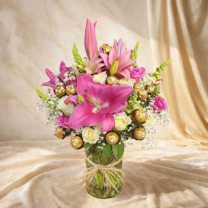 Pink Lily Roses and Ferrero Rocher Luxury Vase Arrangement