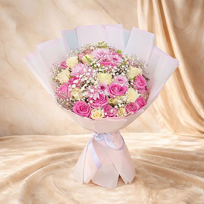 Pink Roses Chrysanthemum and Babys Breath Elegant Bouquet