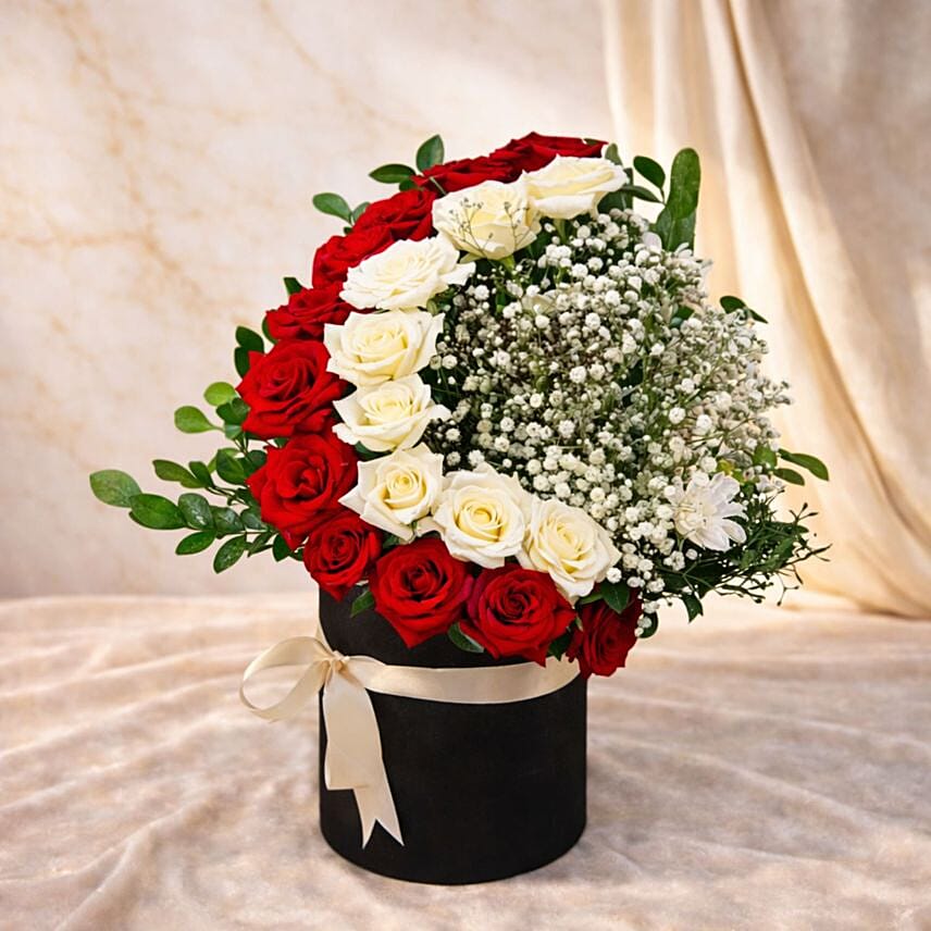 Red and White Roses with Babys Breath Luxury Box