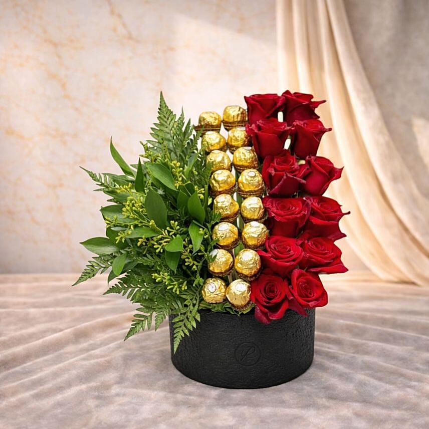 Red Roses and Ferrero Rocher Elegant Luxury Box