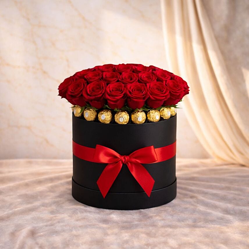 Red Roses and Ferrero Rocher Luxury Black Box
