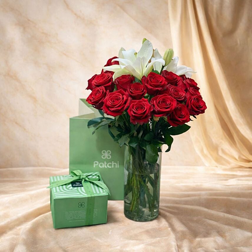 Red Roses and White Lily Vase with Patchi Chocolate Gift