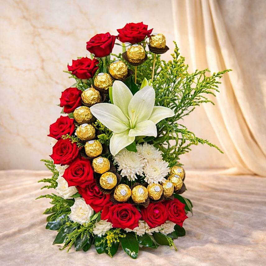 Red Roses Lily and Ferrero Rocher Luxury Floral Arrangement