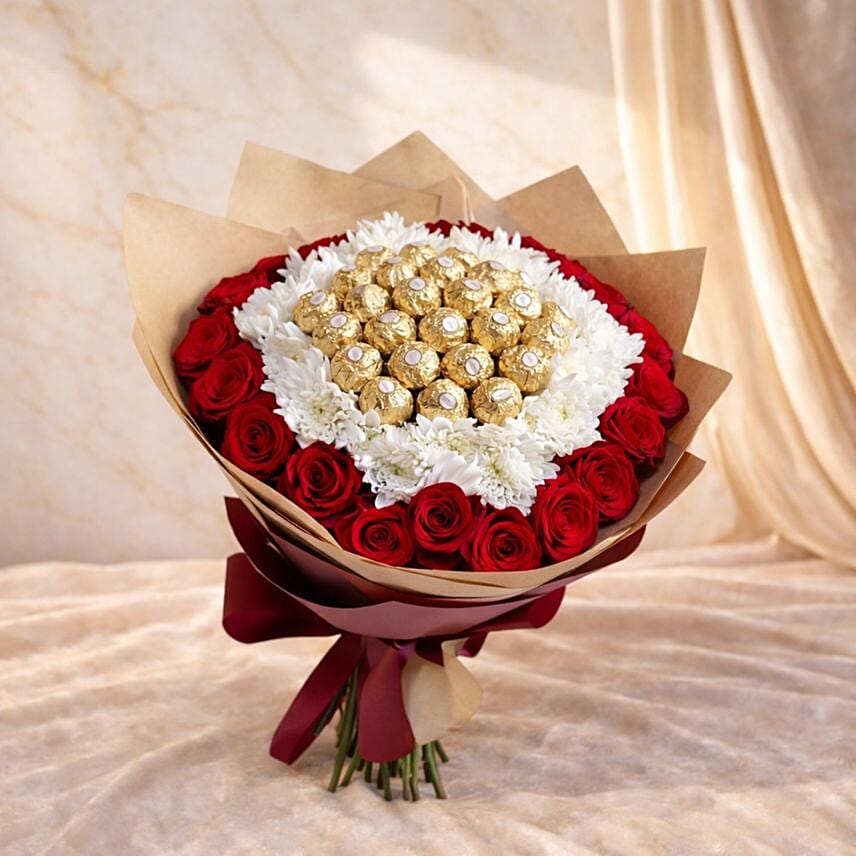 Red Roses White Chrysanthemum and Ferrero Rocher Luxury Bouquet