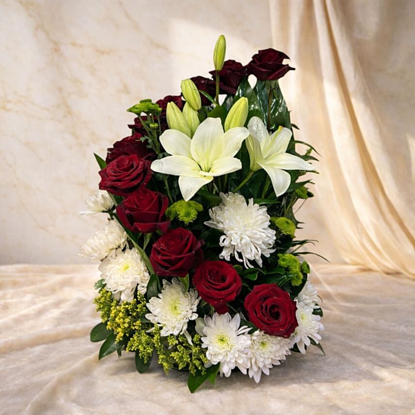 Red Roses White Lily and Chrysanthemum Elegant Floral Arrangement