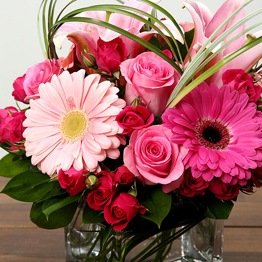 Roses And Gerbera Arrangement In Glass Vase