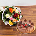 Dozen Multi Roses With Fudge Cake