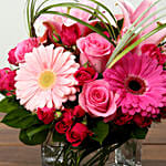 Roses And Gerbera Arrangement In Glass Vase