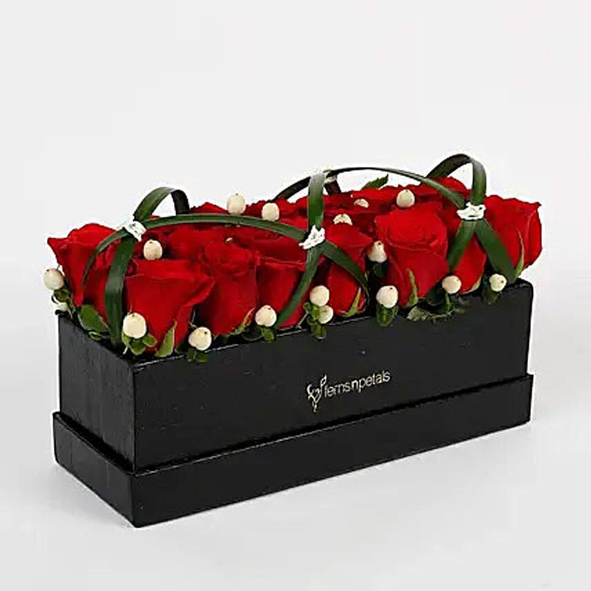 21 Premium Enticing Red Roses in Black FNP Box