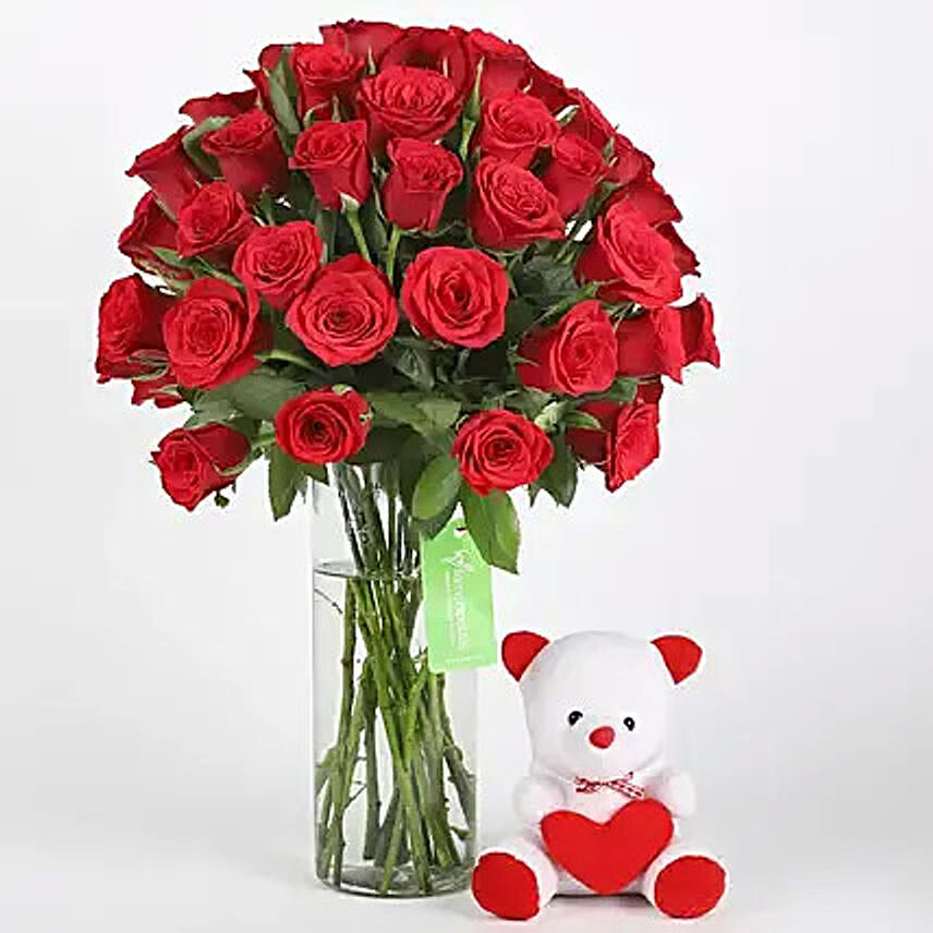 50 Red Roses and Teddy Combo