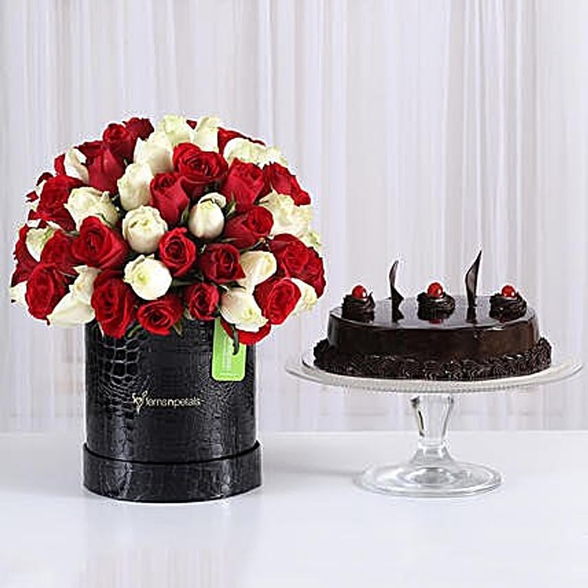 80 Red and White Roses Box with Truffle Cake