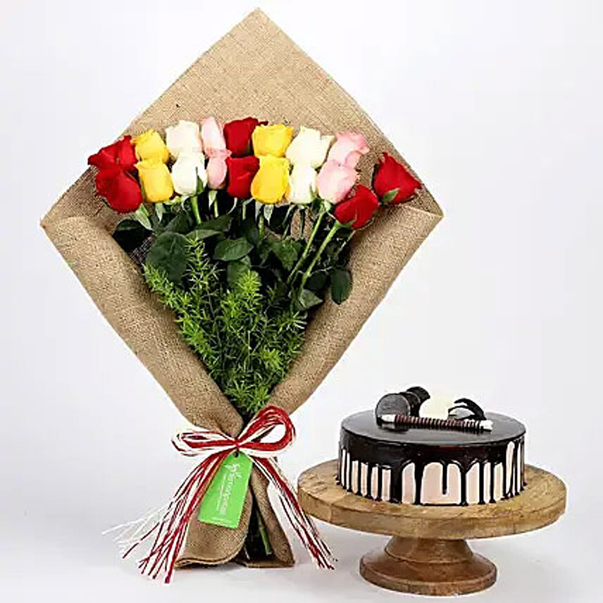 Mix Roses Bouquet and Choco Cream Cake Combo