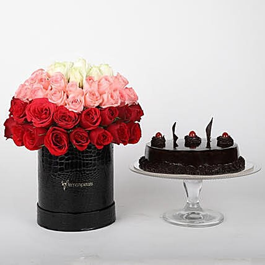 Mixed Roses Box and Truffle Cake