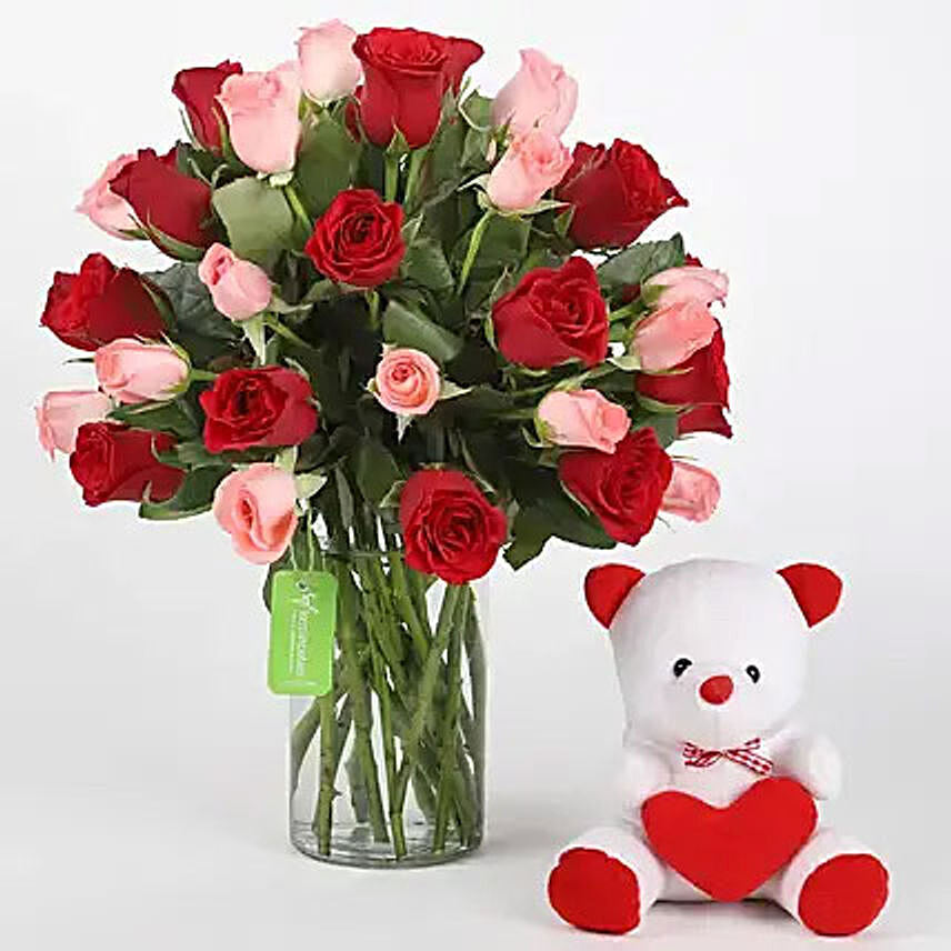 Red and Pink Roses With Teddy Bear