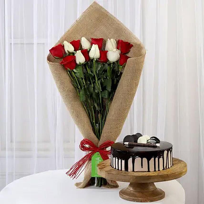 Red and White Roses with Choco Cream Cake