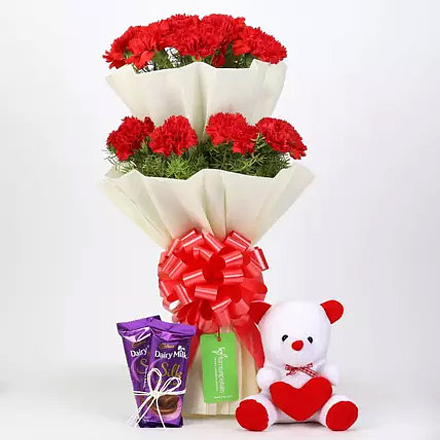 Red Carnations with Dairy Milk Silk and Teddy Bear