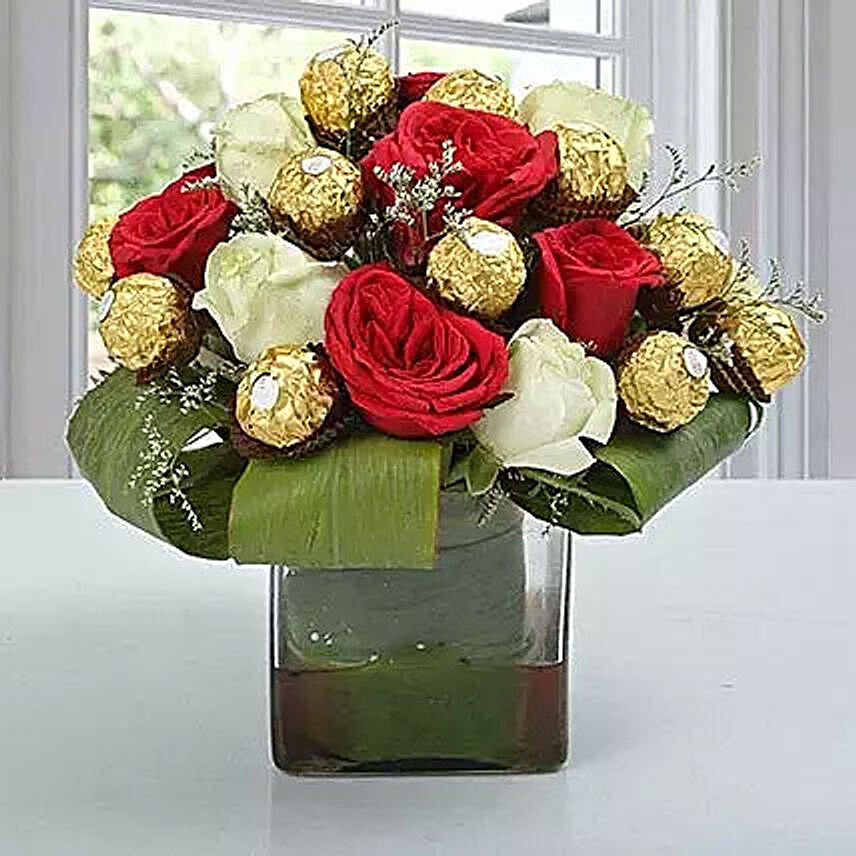 Roses and Ferrero Rocher in Glass Vase