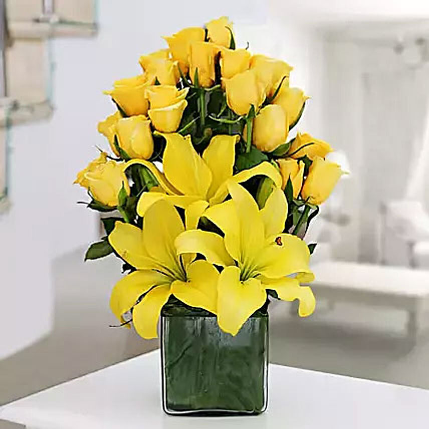 Yellow Roses and Asiatic Lilies Vase Arrangement