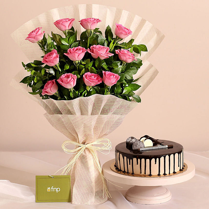 Sweet Memories Pink Roses Bouquet And Chocolate Cake